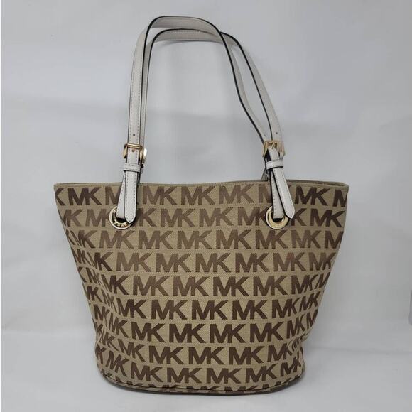 Michael Kors Signature Logo Large Canvas Tan Brown Shoulder Tote Bag Purse - Picture 1 of 8